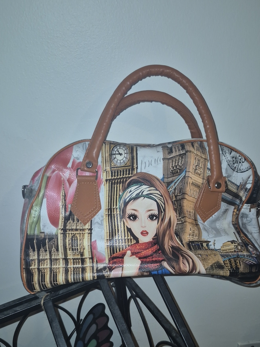 Brown Printed Dome Satchel Handbag with Illustration